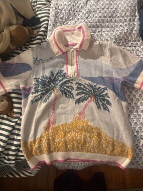 Palm Tree Knit Polo Sweater - graphic sweater